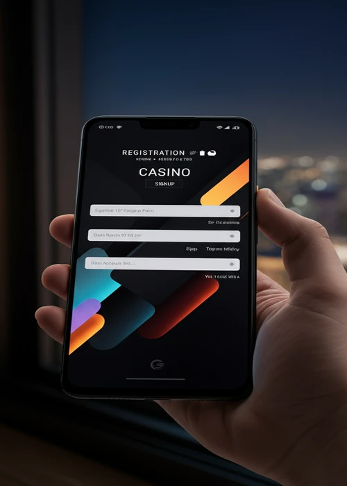 Illustratie van het registratieformulier van Voltslot Casino op een computer met een mobiele telefoon ernaast, symboliserend snelle en veilige toegang tot games.